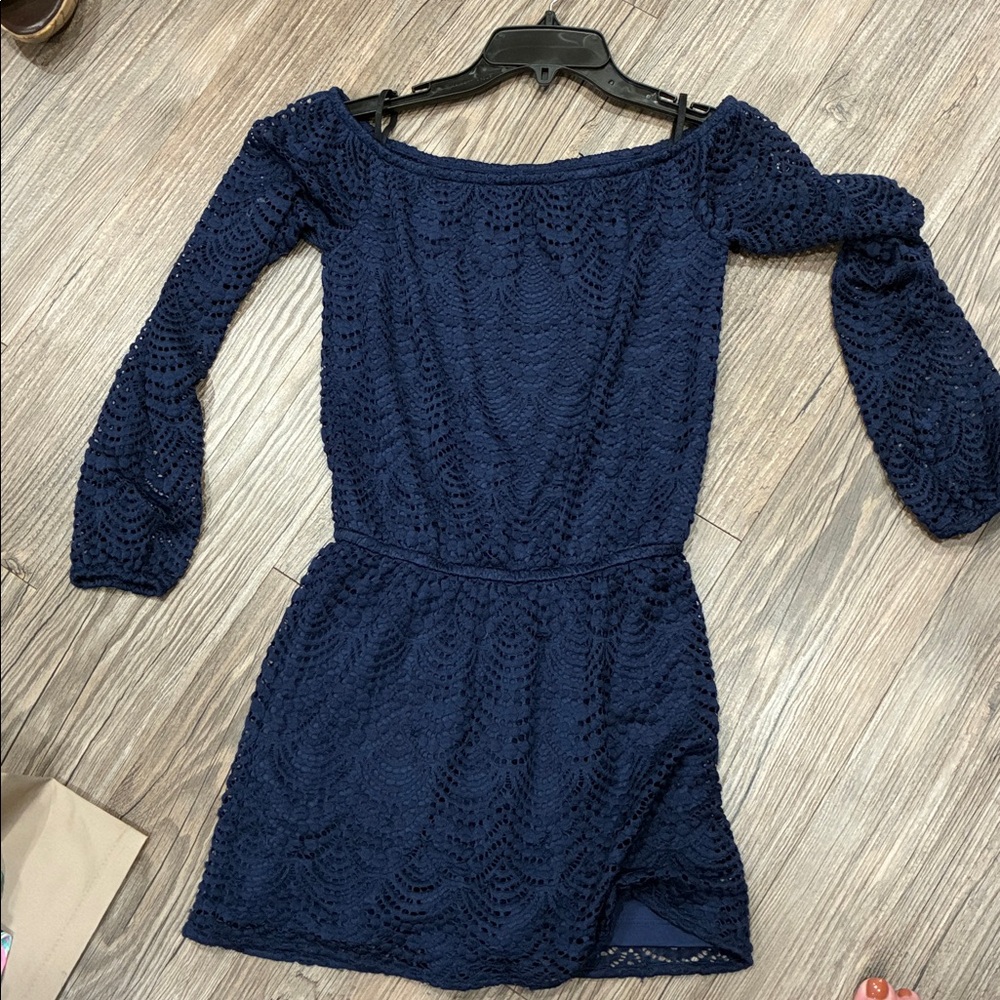 Navy Blue Lace Off-Shoulder Dress/Romper